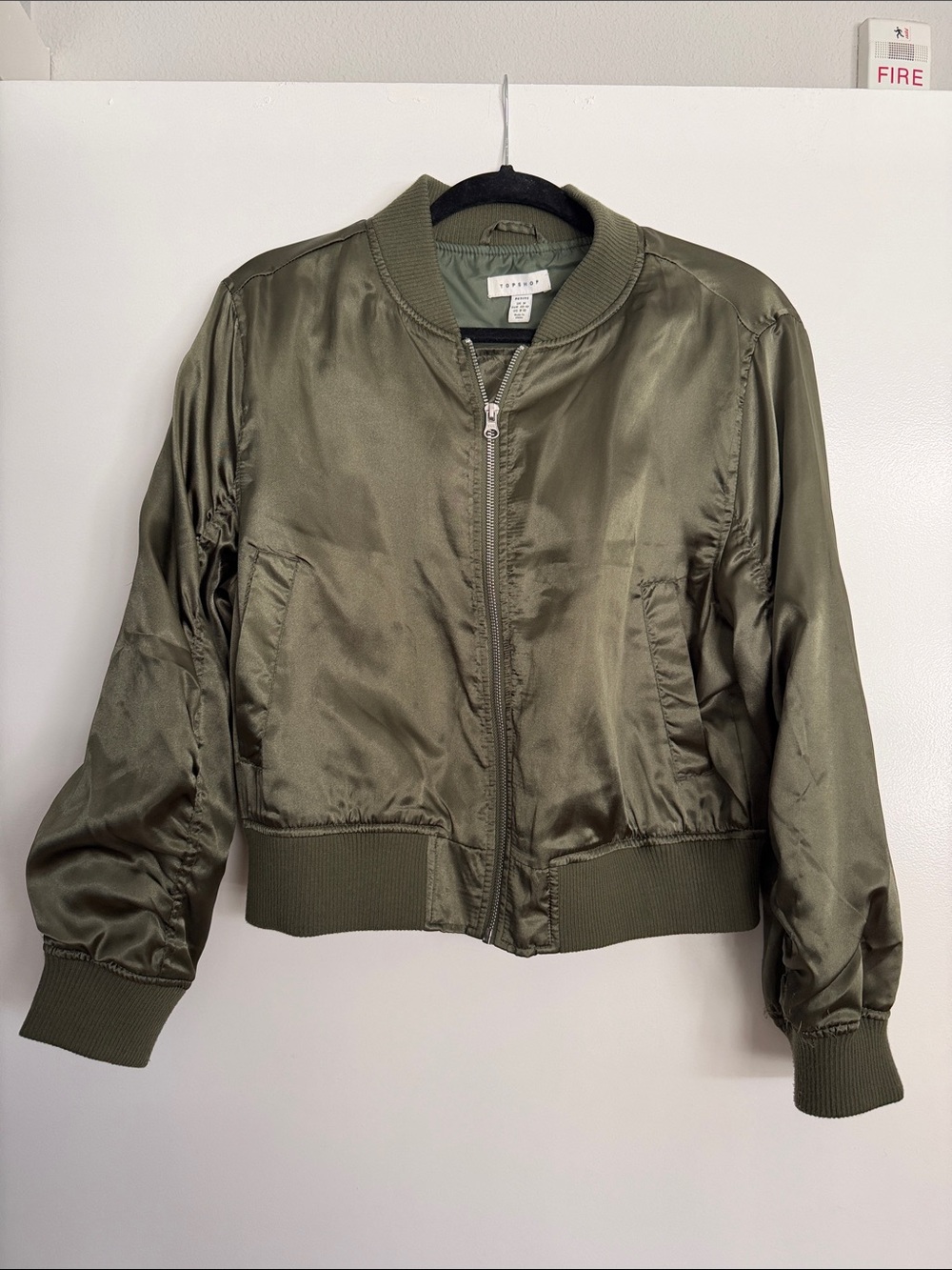 Topshop Olive Green Satin Bomber Jacket Petite M